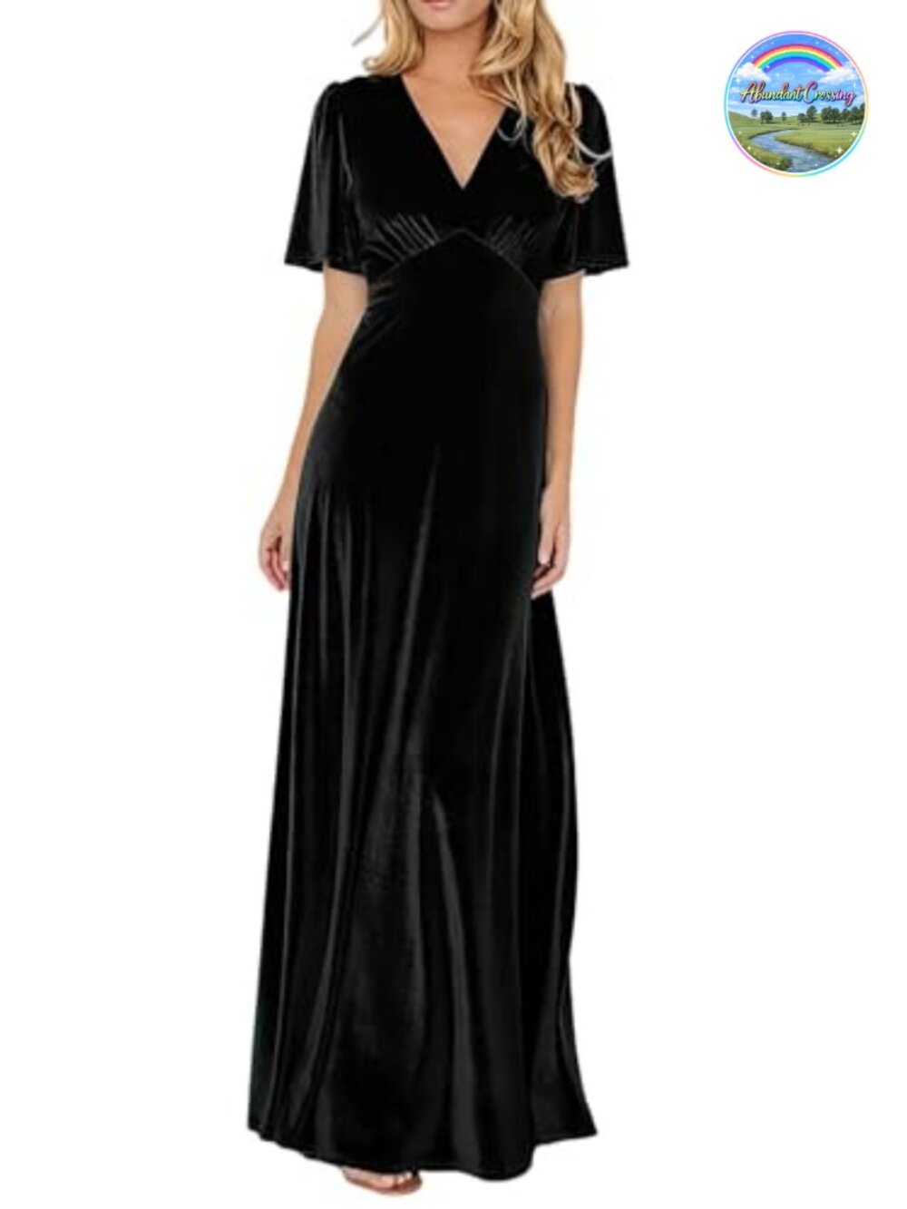 R.Vivimos Women's Velvet Maxi Dress V-Neck Short Sleeve Formal